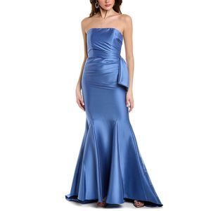 strapless bow dress badgley mischka metallic blue gown